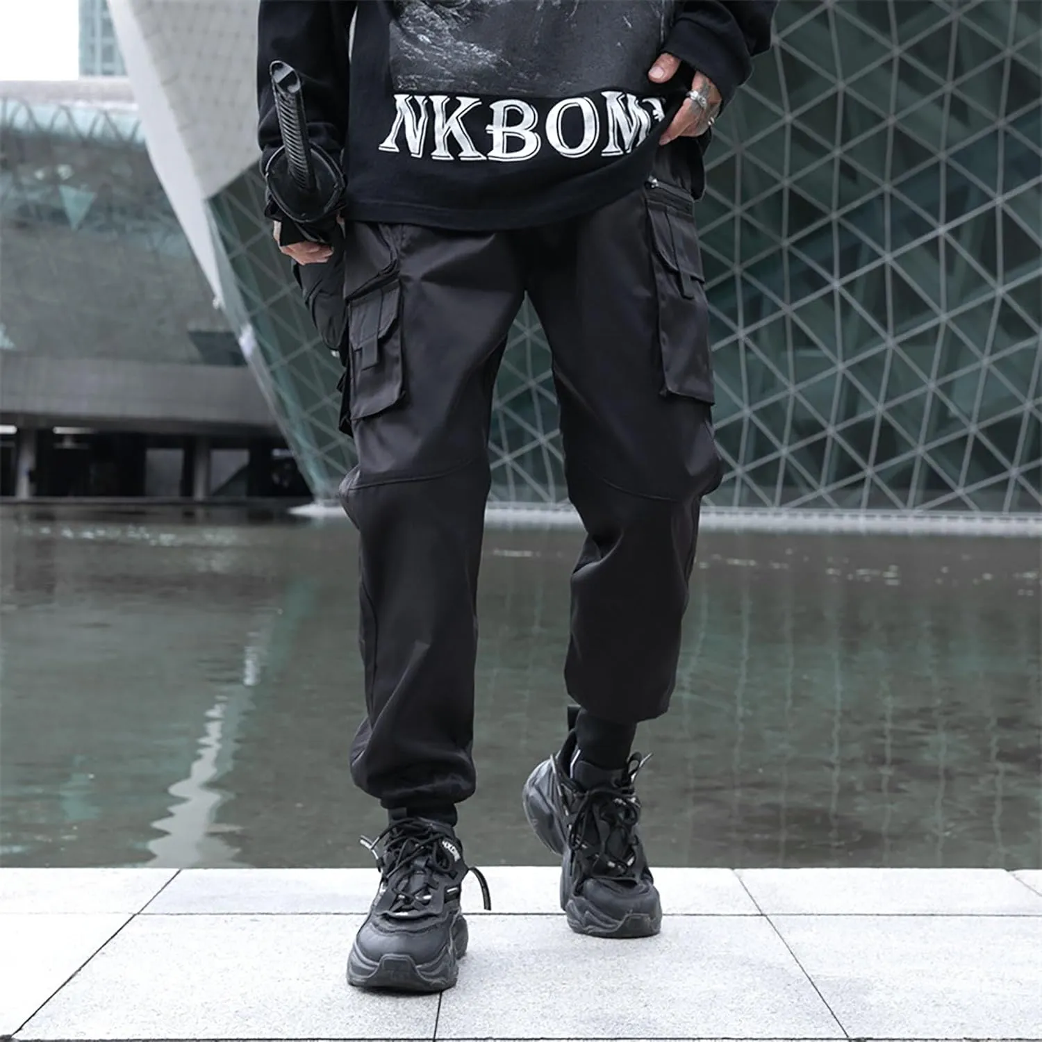 XYXIONGMAO Men's Dark Multi Pocket Cargo Pants for Men Functional Hip Hop Sweatpants Harem Streetwear Pants Black Cargo Pants