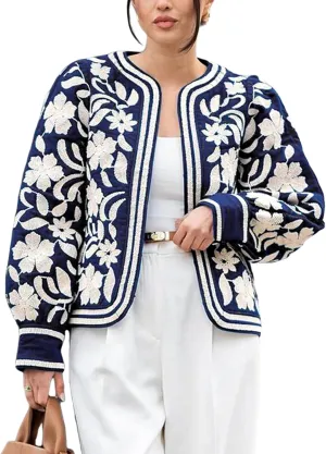 Yimoon Women's Cropped Quilted Puffer Jacket Lightweight Floral Print Padded Coat Open Front Puffy Cardigan Outwear