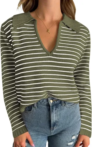 Yousify Womens Sweaters 2024 V Neck Long Sleeve Striped Tops Fall Winter Comfy Knit Clothes Pullover Sweater S-2XL