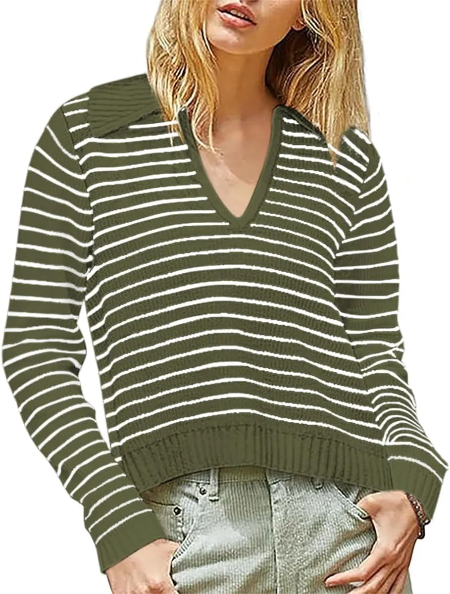 Yousify Womens Sweaters 2024 V Neck Long Sleeve Striped Tops Fall Winter Comfy Knit Clothes Pullover Sweater S-2XL