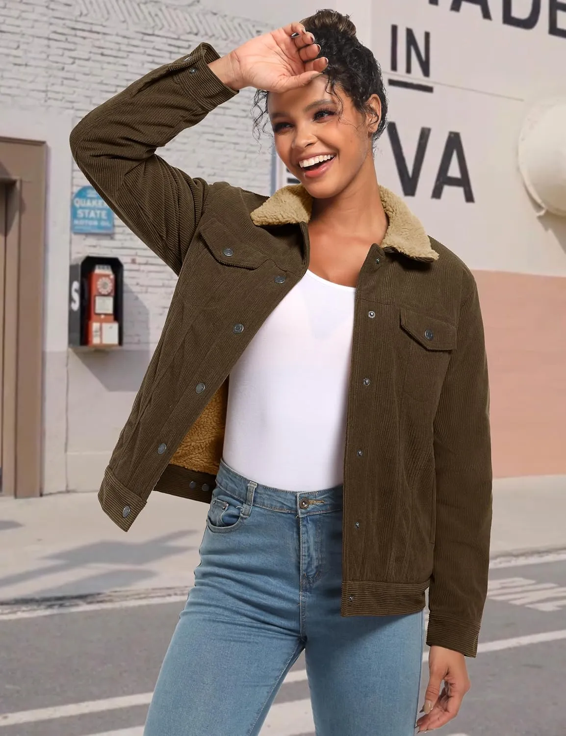 YUCOLEN Corduroy Sherpa Jacket Women - Trendy Western Fleece Lined Coats Winter Warm Button Down Casual Cute Shackets 2025