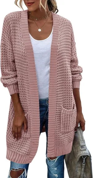 Zeagoo Women's 2025 Fall Open Front Cardigan Long Batwing Sleeve Chunky Knit Sweater Loose Outerwear Coats with Pockets