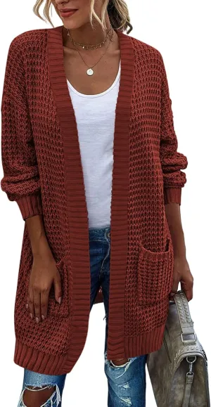 Zeagoo Women's 2025 Fall Open Front Cardigan Long Batwing Sleeve Chunky Knit Sweater Loose Outerwear Coats with Pockets