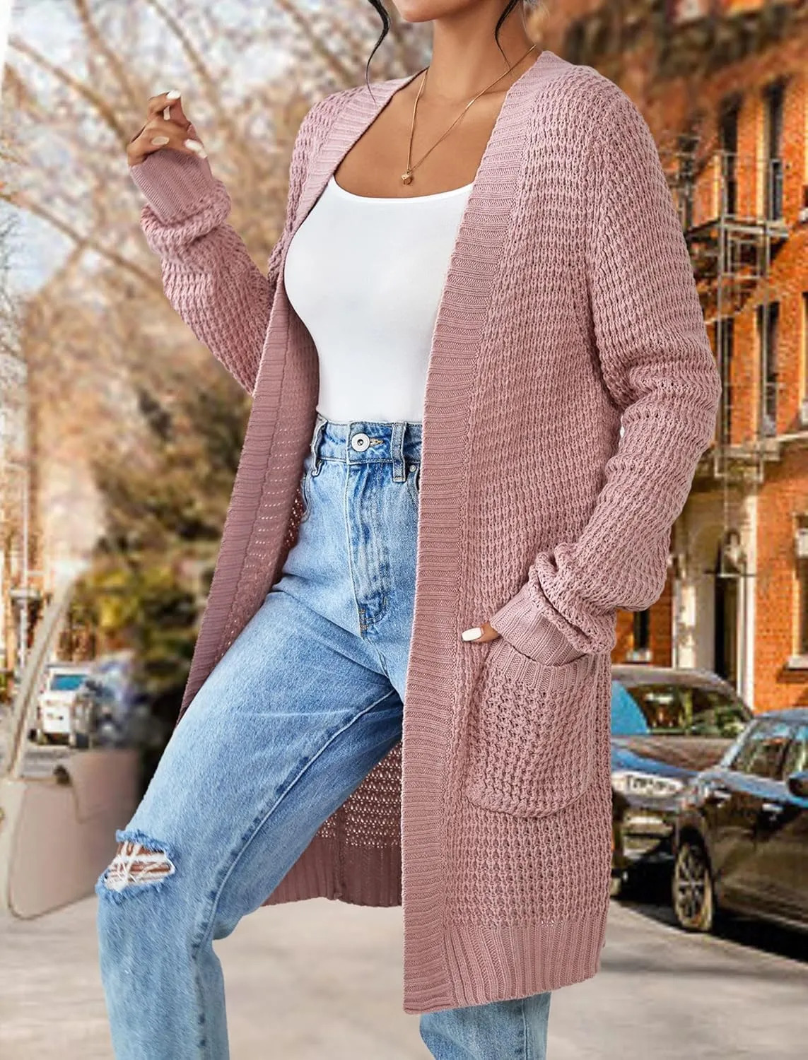 Zeagoo Women's 2025 Fall Open Front Cardigan Long Batwing Sleeve Chunky Knit Sweater Loose Outerwear Coats with Pockets