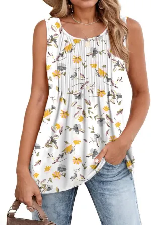 Zeagoo Women's Summer Tank Tops 2025 Pleated Crew Neck Floral Solid Loose Fit Casual Sleeveless Flowy Boho Tunic Shirts