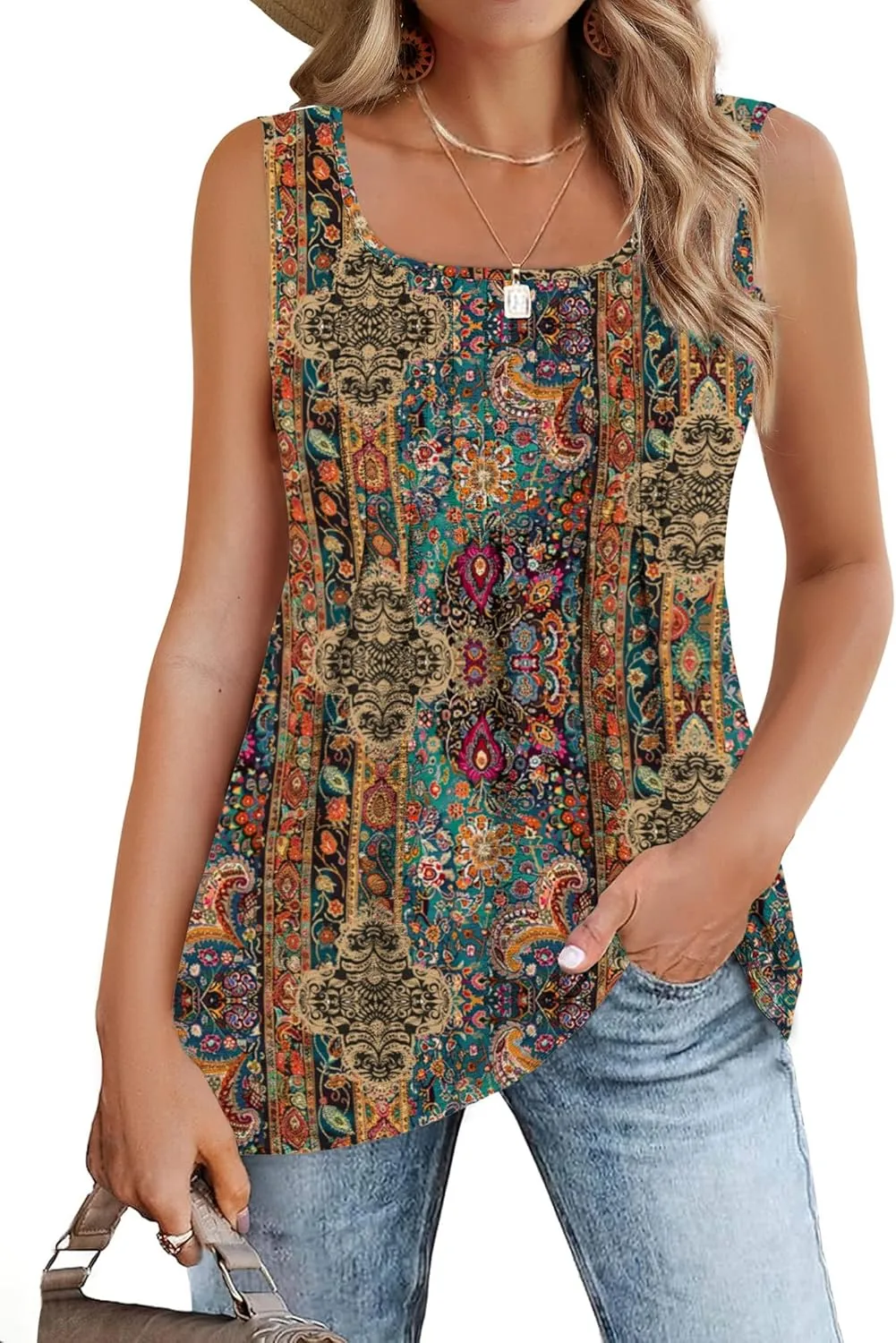 Zeagoo Women's Summer Tank Tops 2025 Pleated Square Neck Loose Fit Casual Flowy Tunic Sleeveless Shirts