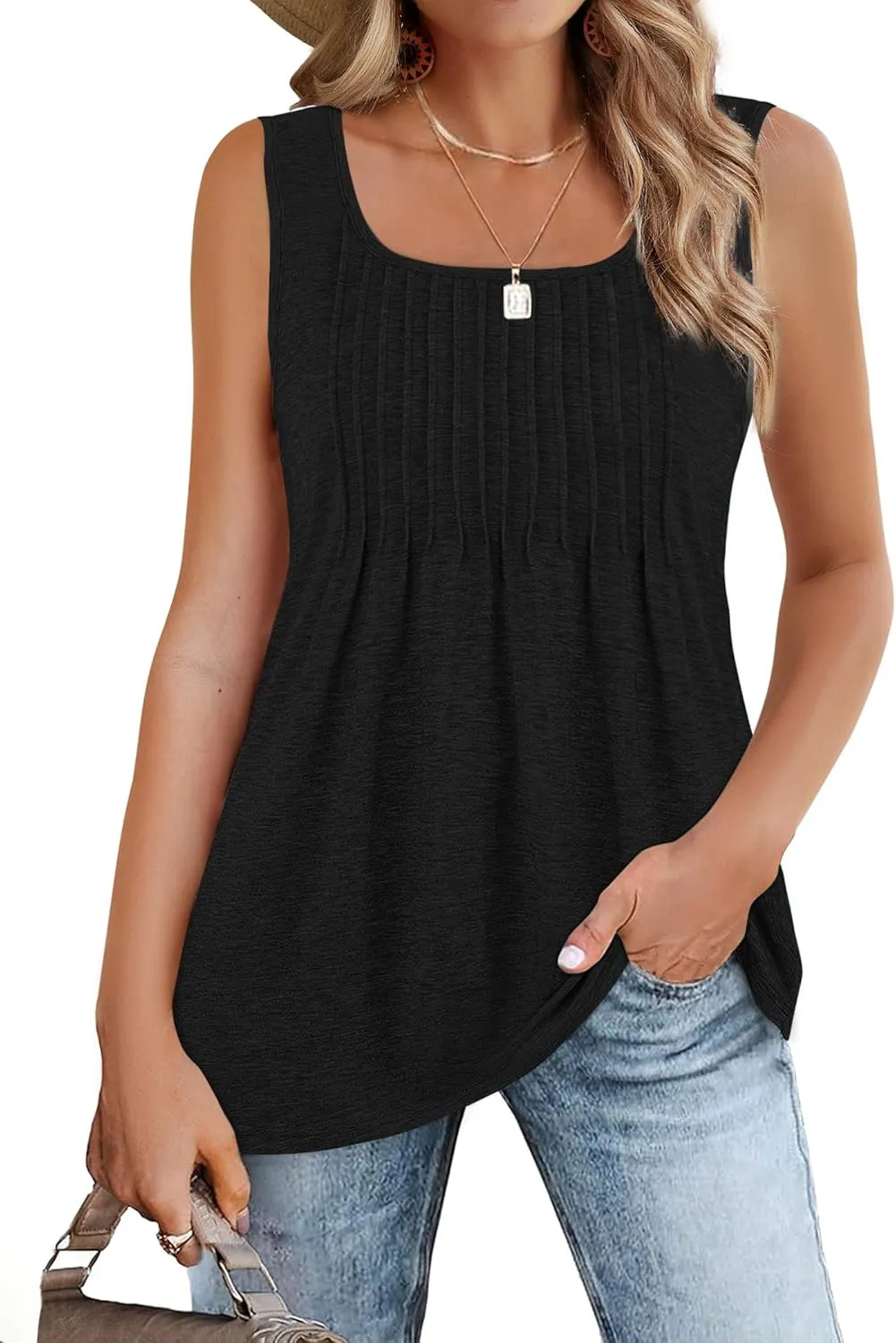 Zeagoo Women's Summer Tank Tops 2025 Pleated Square Neck Loose Fit Casual Flowy Tunic Sleeveless Shirts