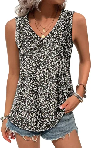Zeagoo Women's Tank Tops Loose Fit Casual V Neck Boho Summer Pleated Sleeveless Shirts Basic Trendy Outfits Clothes