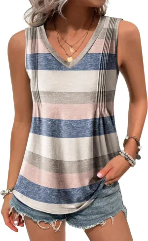 Zeagoo Women's Tank Tops Loose Fit Casual V Neck Boho Summer Pleated Sleeveless Shirts Basic Trendy Outfits Clothes