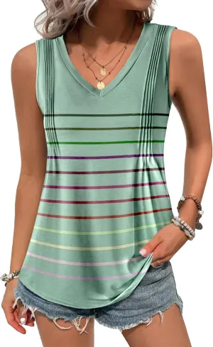 Zeagoo Women's Tank Tops Loose Fit Casual V Neck Boho Summer Pleated Sleeveless Shirts Basic Trendy Outfits Clothes