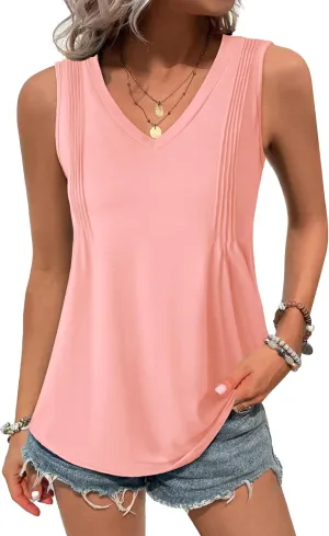 Zeagoo Women's Tank Tops Loose Fit Casual V Neck Boho Summer Pleated Sleeveless Shirts Basic Trendy Outfits Clothes