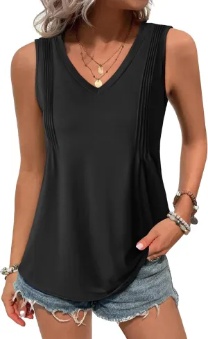 Zeagoo Women's Tank Tops Loose Fit Casual V Neck Boho Summer Pleated Sleeveless Shirts Basic Trendy Outfits Clothes
