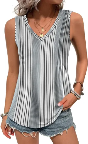 Zeagoo Women's Tank Tops Loose Fit Casual V Neck Boho Summer Pleated Sleeveless Shirts Basic Trendy Outfits Clothes