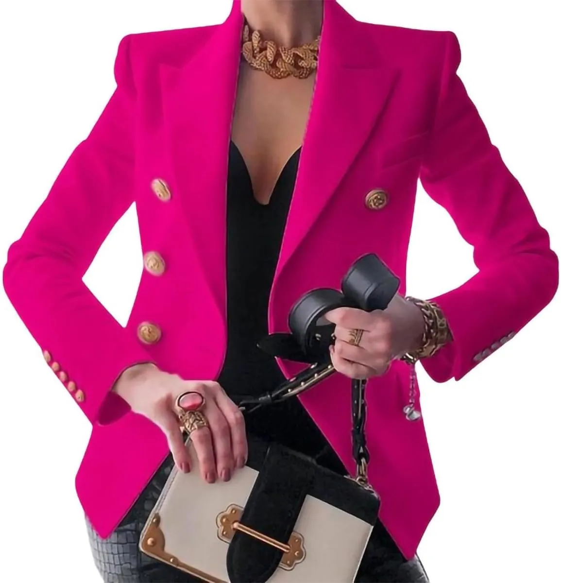 ZOCANIA Women Double Breasted Blazer Notch Collar Cuff Button Business Jacket Suit Slim Fit Spring Fall Office Blazer Coat